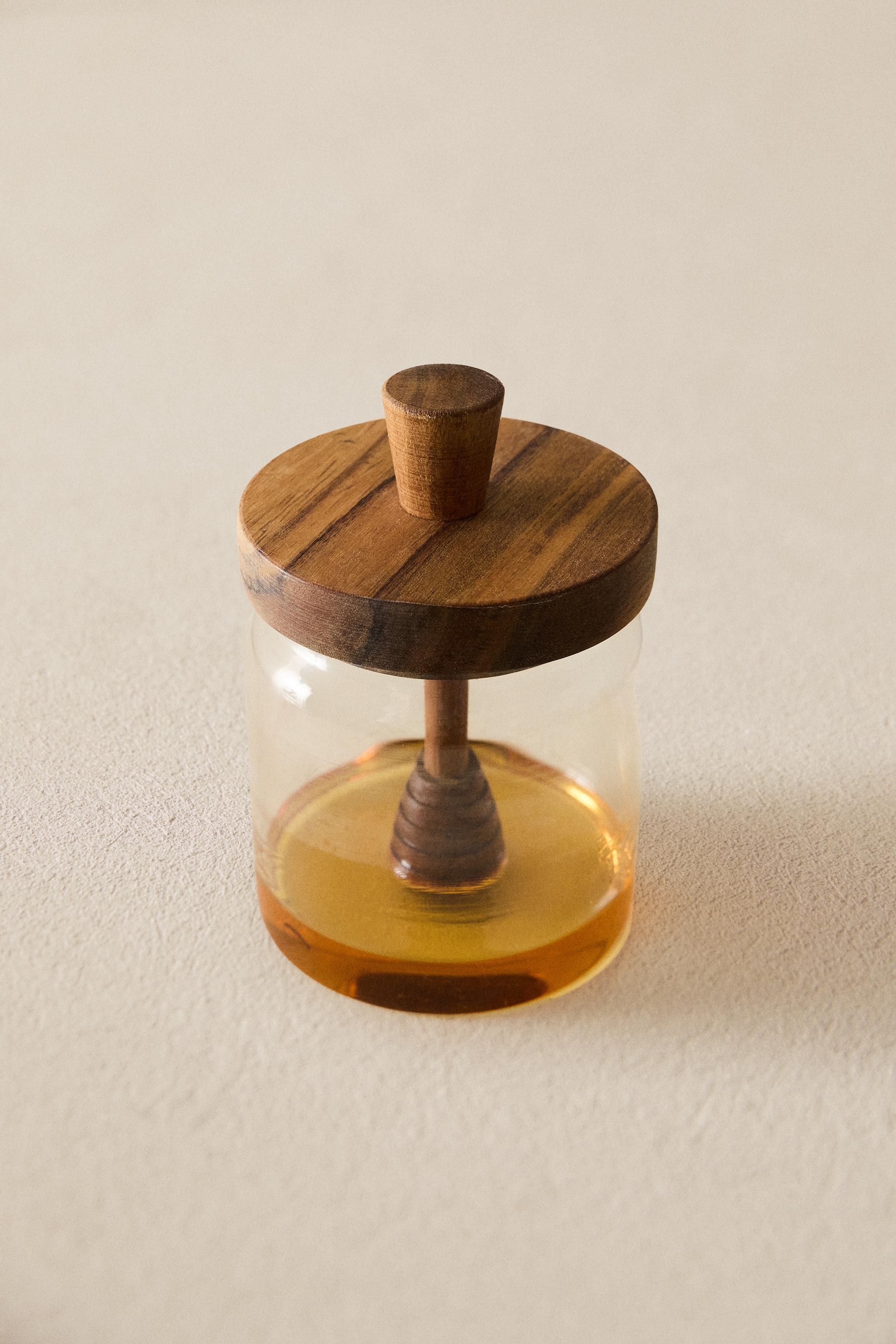 BOROSILICATE GLASS AND WOOD HONEY JAR